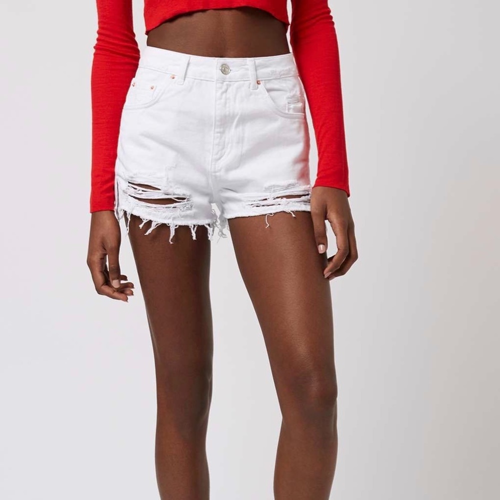 Topshop White High Waist Distressed Denim Shorts